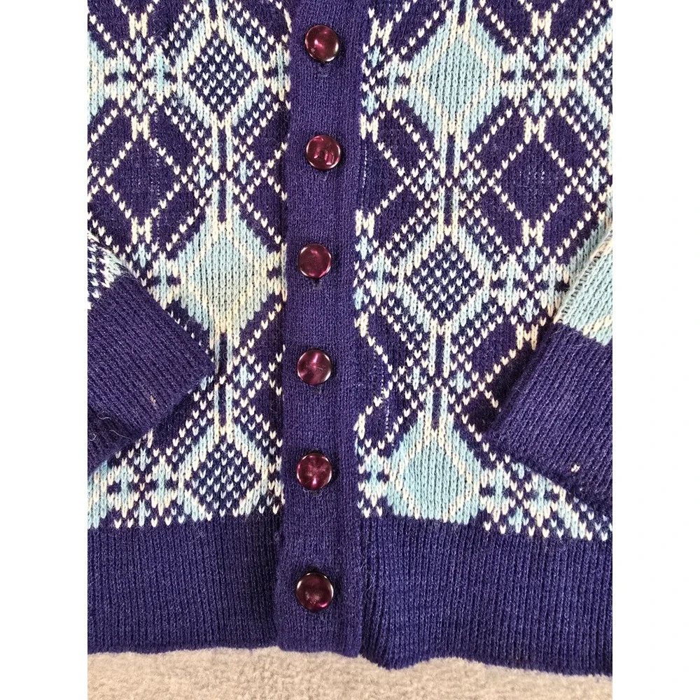 Vintage 70s Girls Blue Purple Argyle Knit Button Front Cardigan Sweater Medium